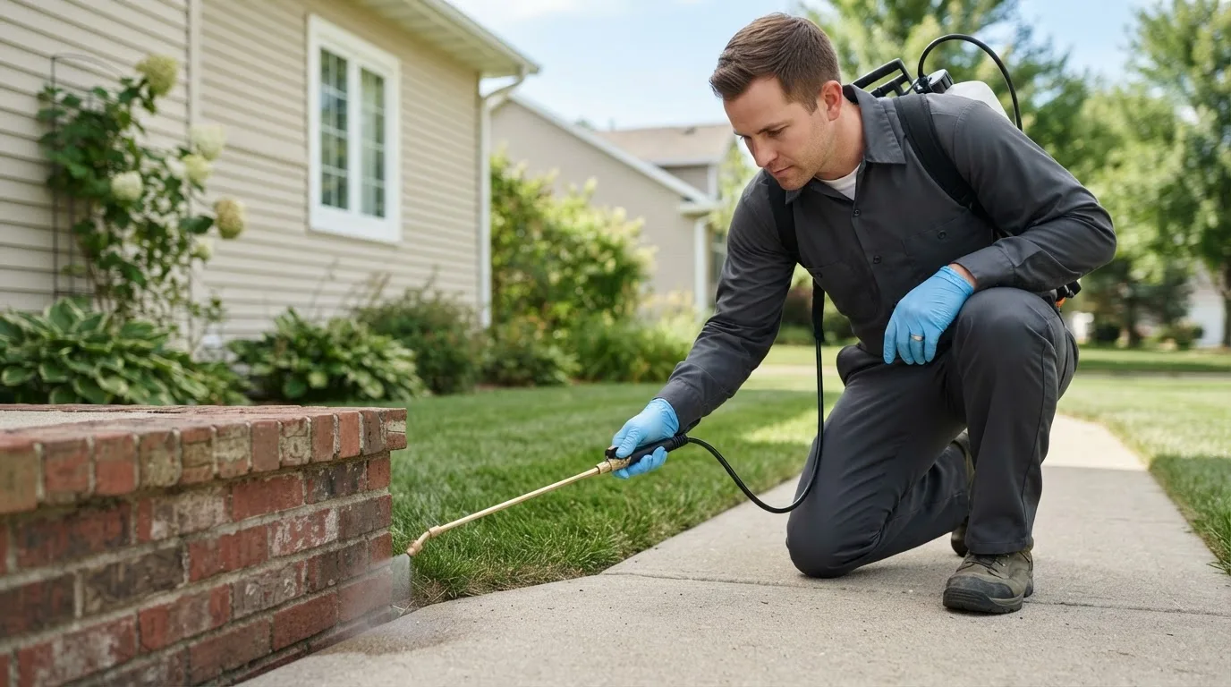 Pest control technician treating a home near Sweet Home, TX